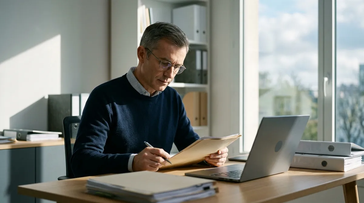 Comptable vérifiant des déclarations et des dossiers à son bureau
